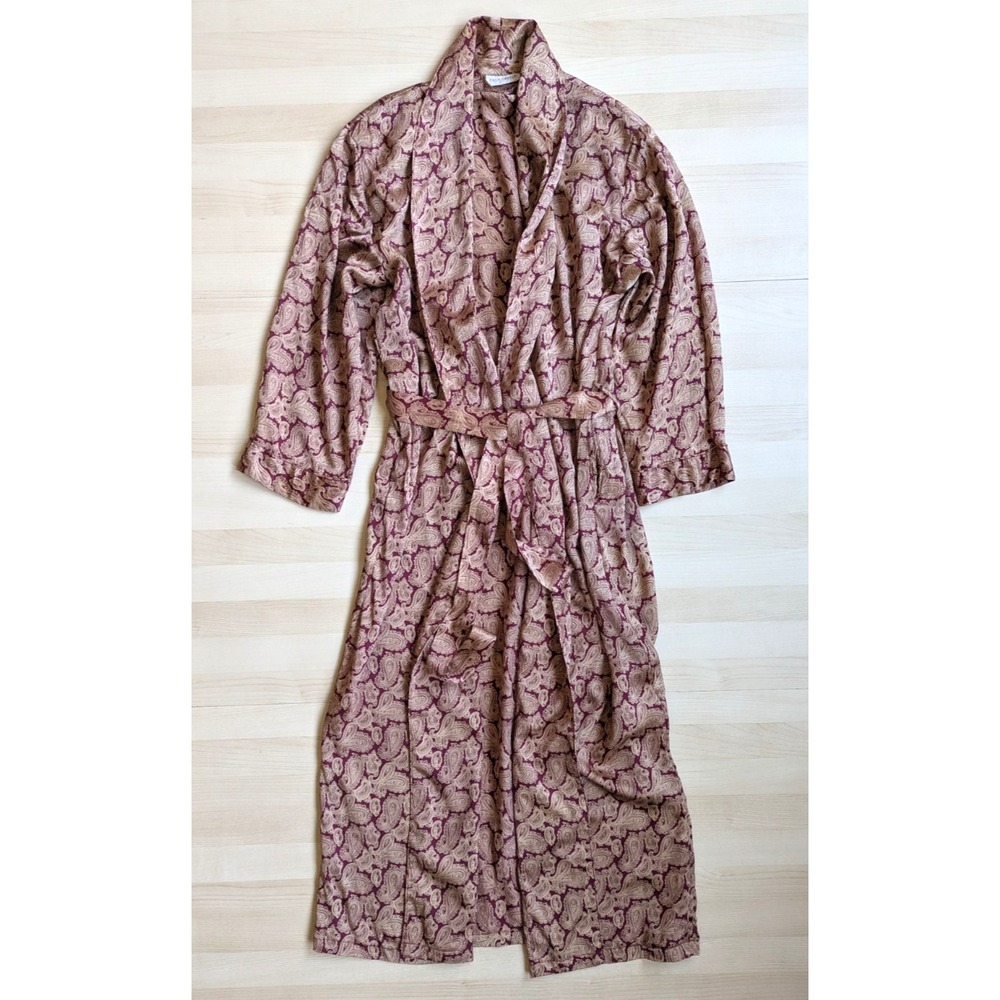Past Times Vintage 90's 100% Silk Long‎ Dressing Kimono Robe Red Gold Medium